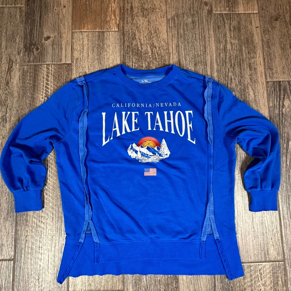 Lake Tahoe California Nevada Blue Crewneck Sweatshirt‎ L/XL Goodie Two Sleeves
